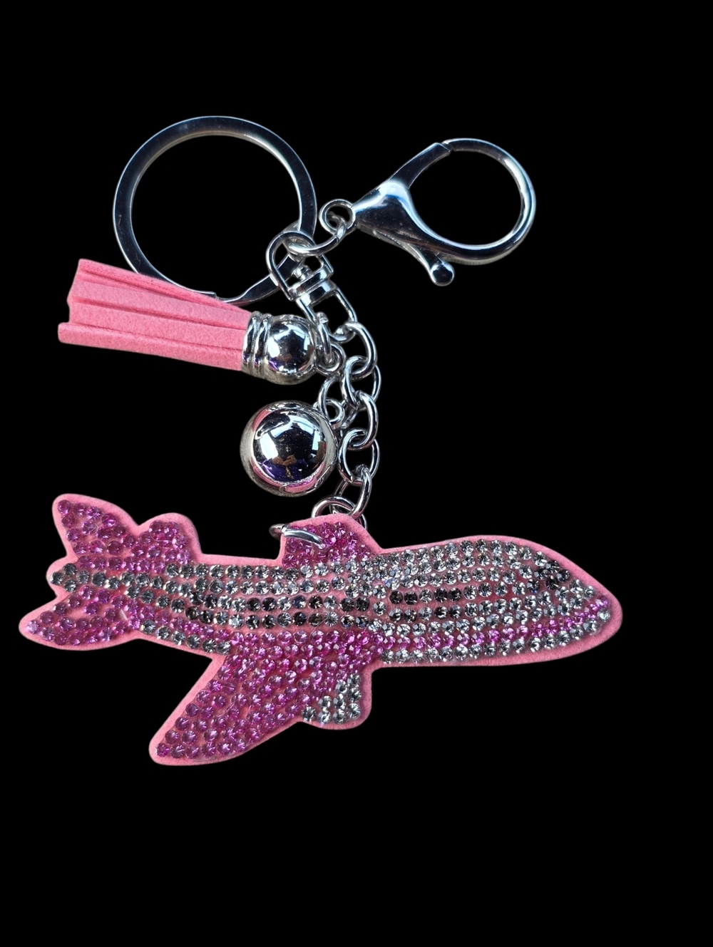 Sparkling Pink Airplane Bag Charm Keychain with Tassel